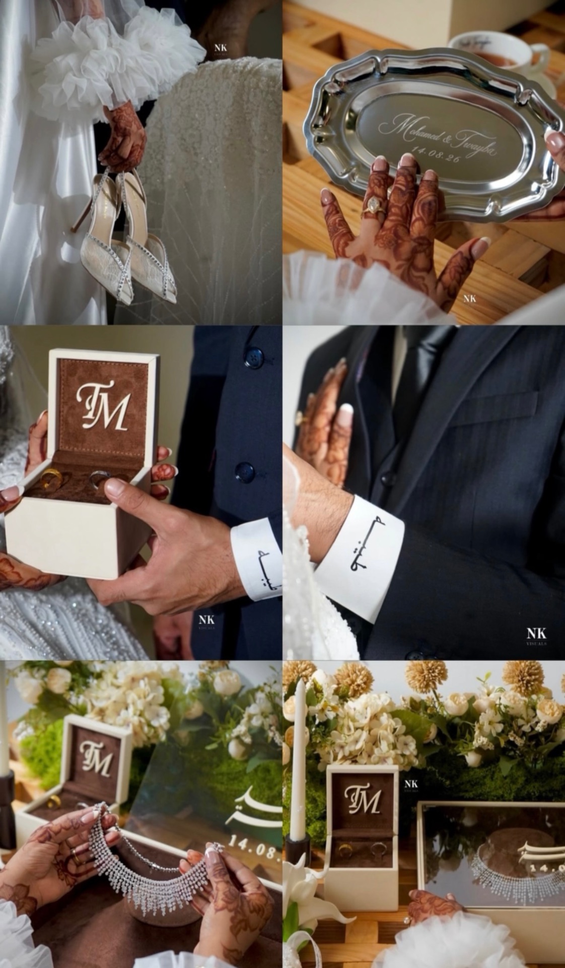 Wedding details: bridal shoes, engraved tray, ring box and diamond necklace