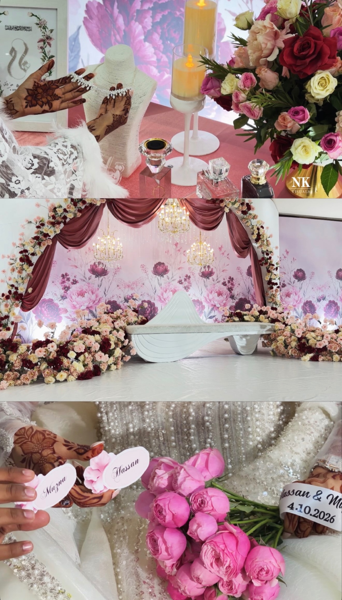 Pink floral bridal setting with stage, jewellery and name cards