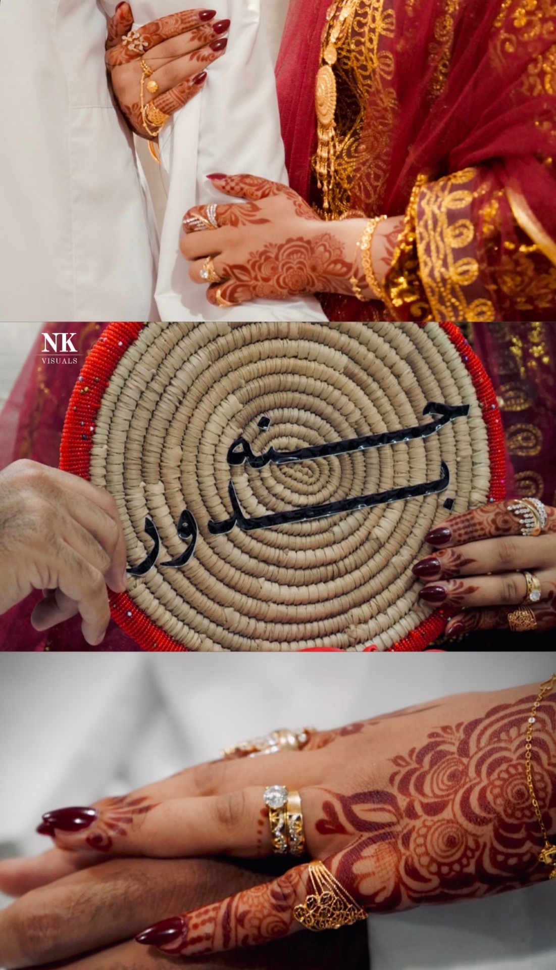 Henna hands, gold jewellery and a woven name basket at a wedding