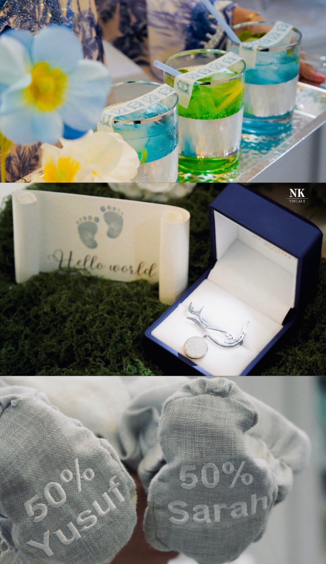 Baby welcome details: layered drinks, a keepsake box and named booties