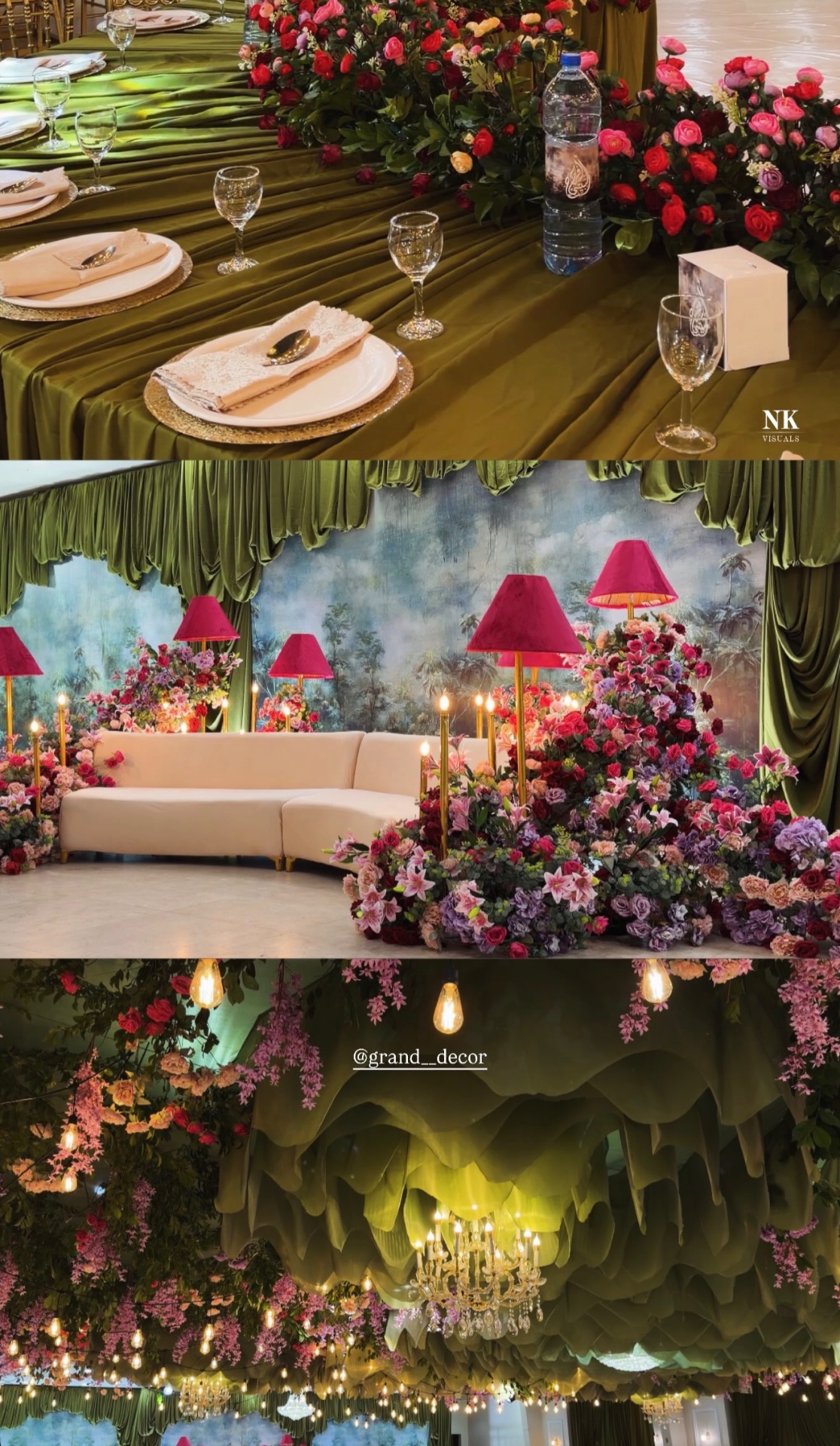 Green-and-gold tablescape, pink flower lounge and floral chandelier ceiling