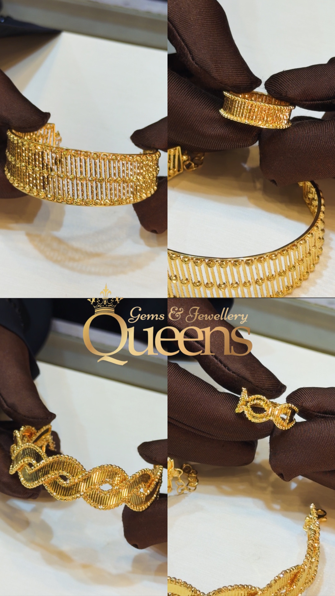 Gold cuff bracelets held in brown gloves